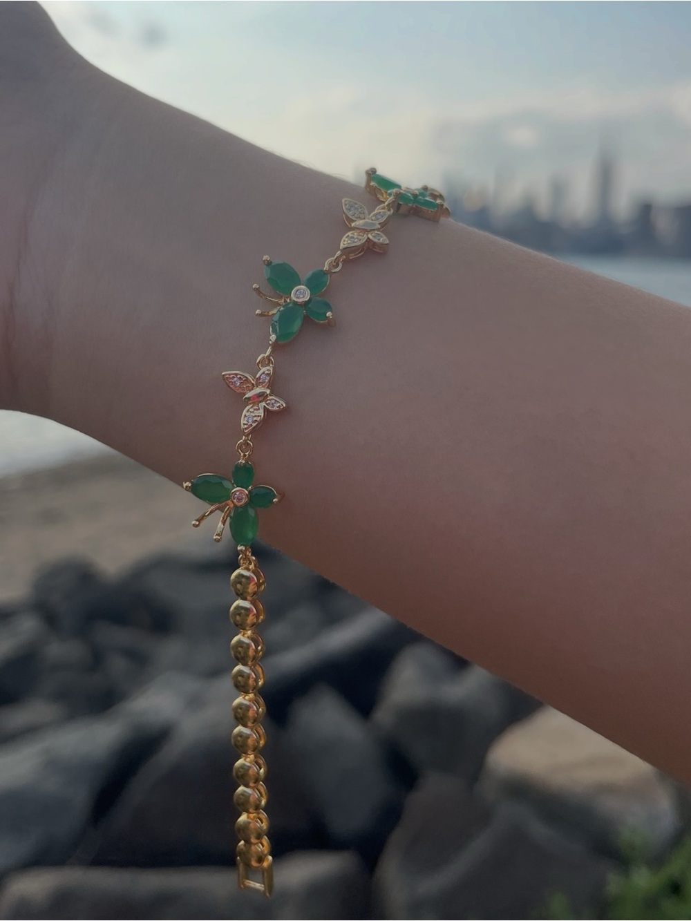 Delicate Green Floral Gold Bracelet - Women Jewelry